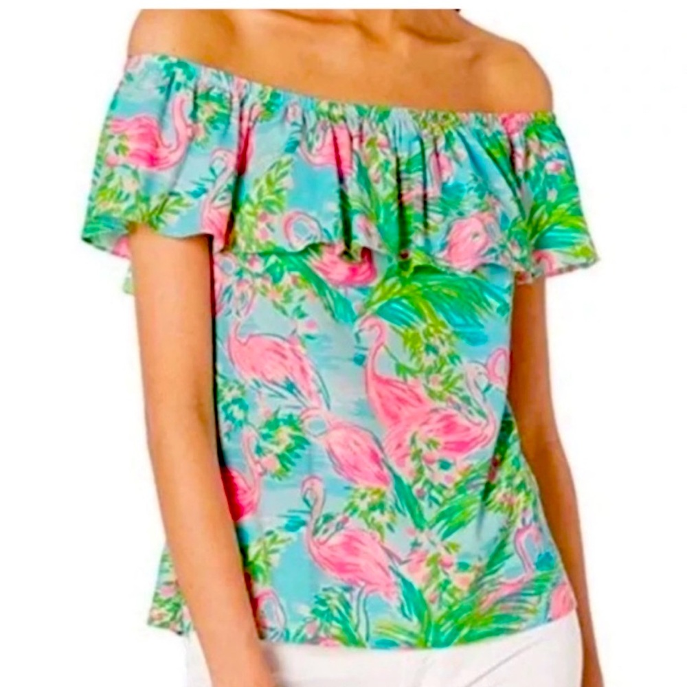 Lilly Pulitzer La Fortuna Flamingo Print Off-Shoulder Top Sz Large L